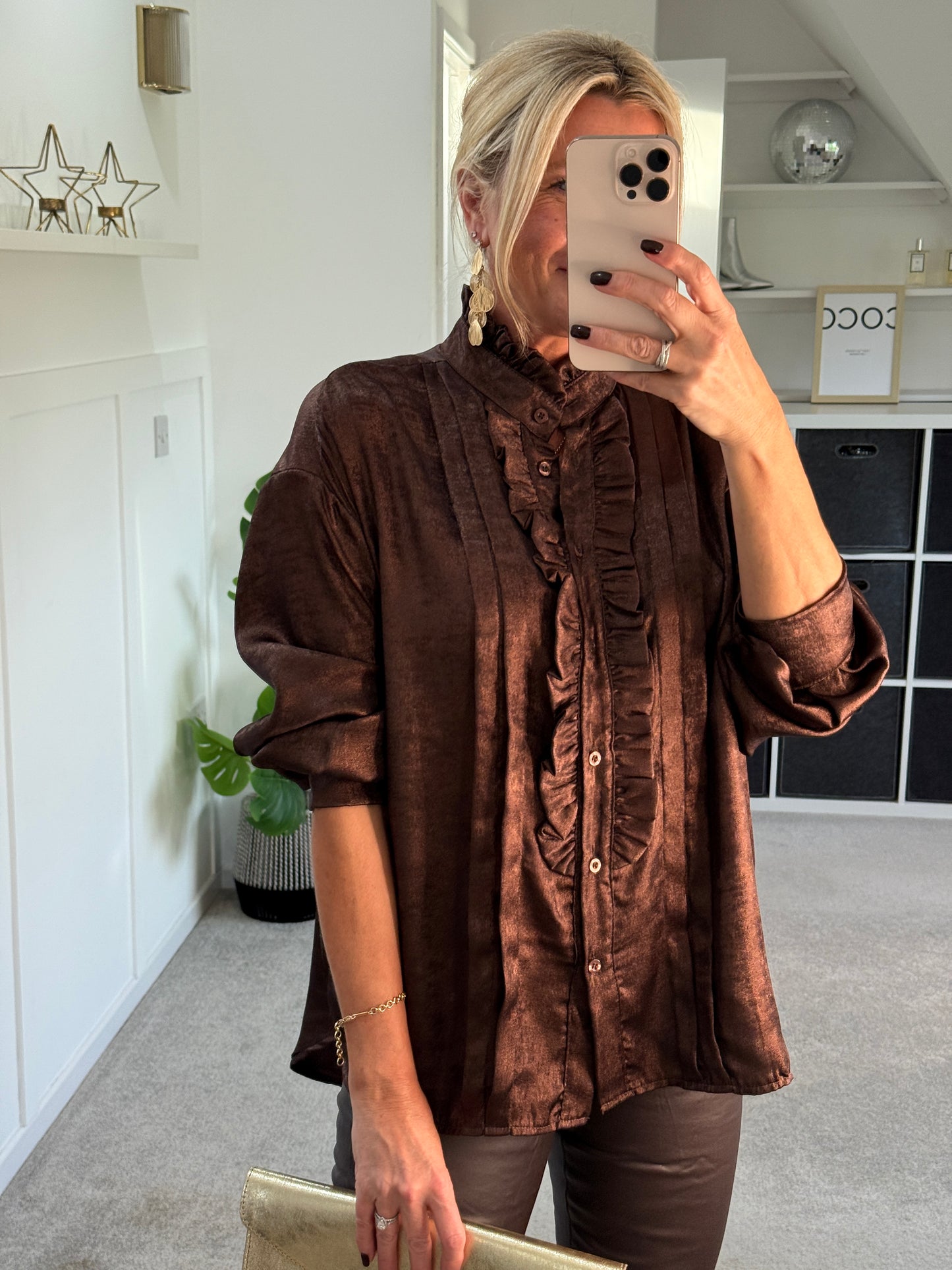 Chocolate Metallic Ruffle Front Blouse