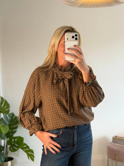 Mocha Tie Neck Heritage Check Blouse