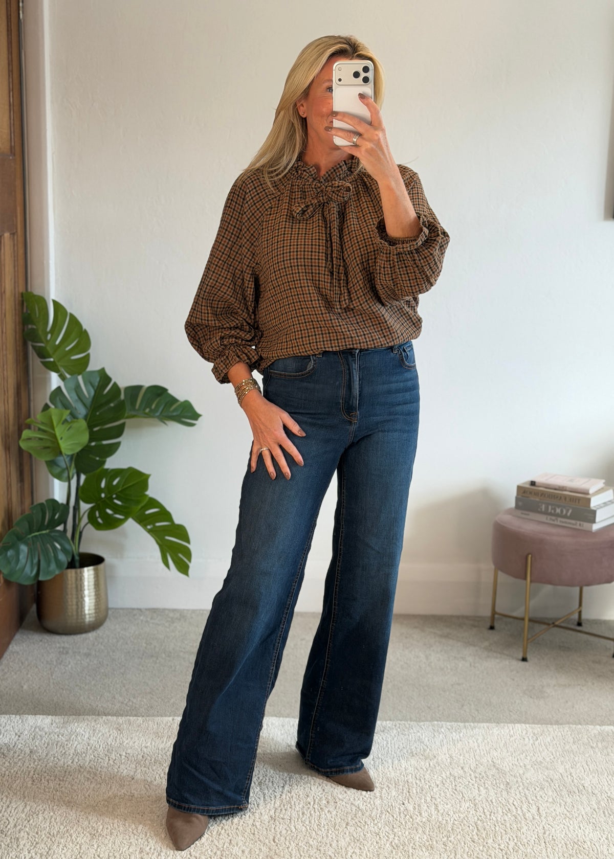 Mocha Tie Neck Heritage Check Blouse