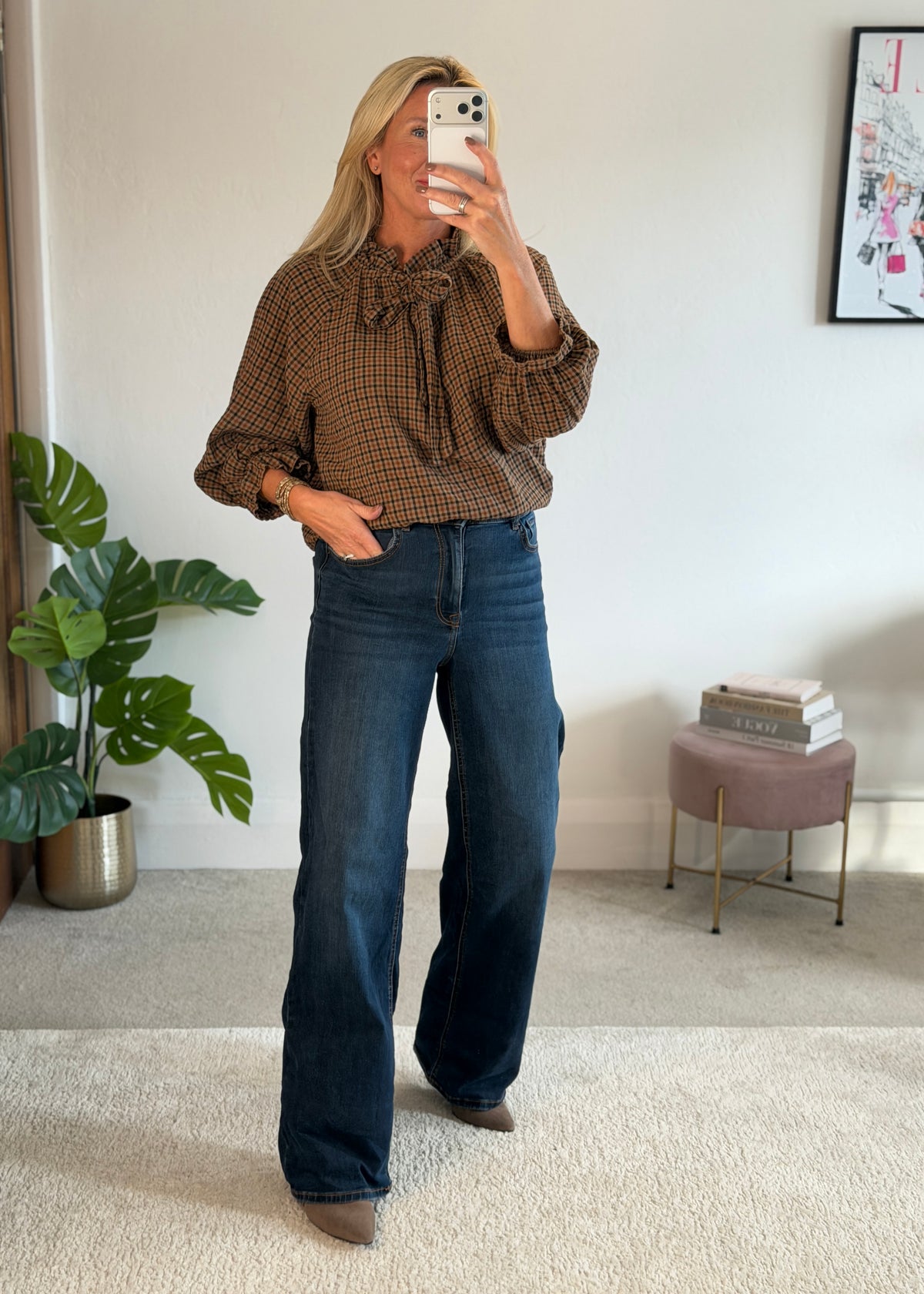 Mocha Tie Neck Heritage Check Blouse