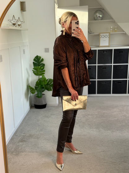 Chocolate Metallic Ruffle Front Blouse