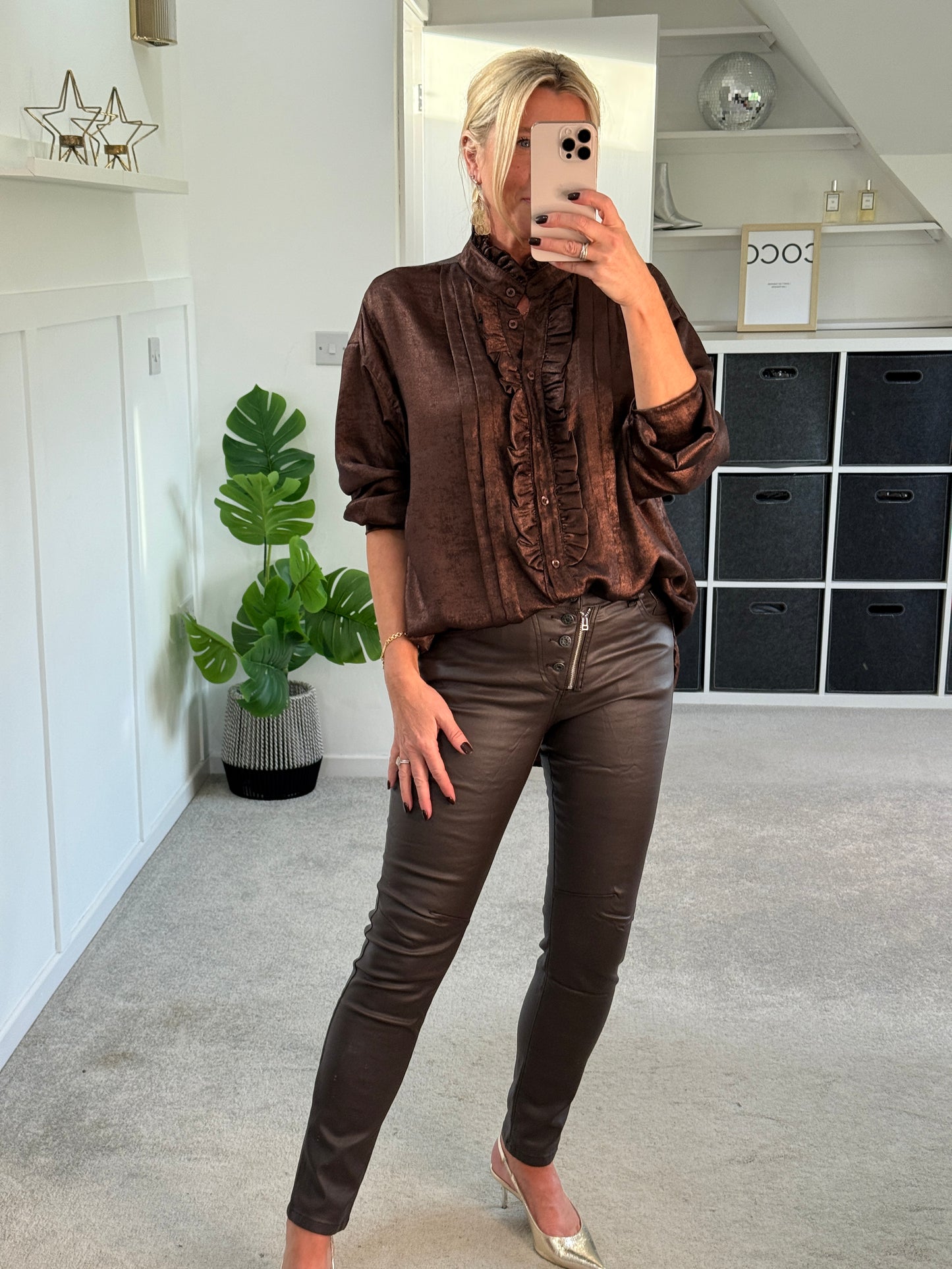 Chocolate Metallic Ruffle Front Blouse