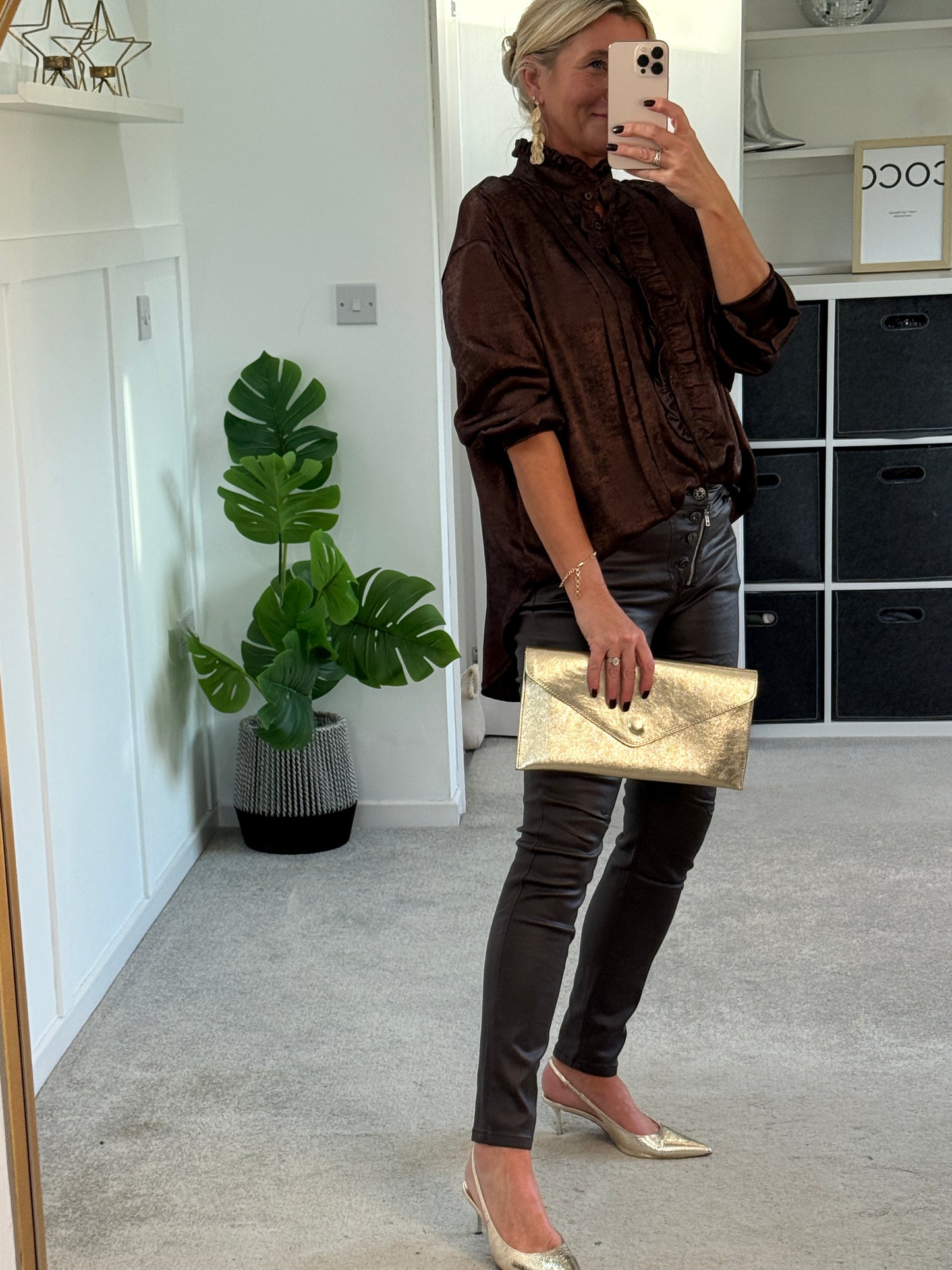 Chocolate Metallic Ruffle Front Blouse