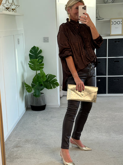 Chocolate Metallic Ruffle Front Blouse