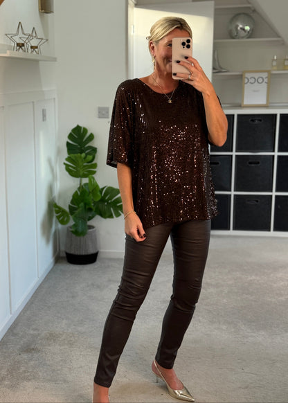 Chocolate Sequin Relaxed Fit Top