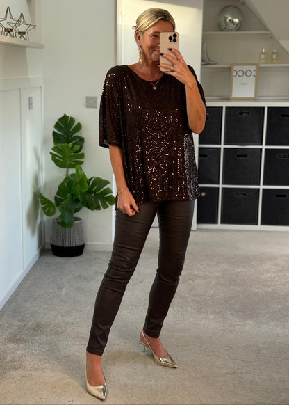 Chocolate Sequin Relaxed Fit Top