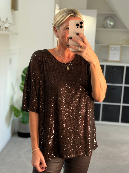 Chocolate Sequin Relaxed Fit Top