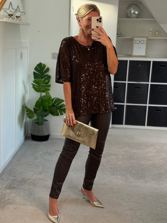 Chocolate Sequin Relaxed Fit Top