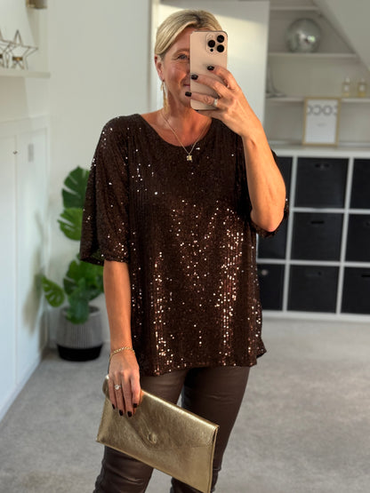 Chocolate Sequin Relaxed Fit Top