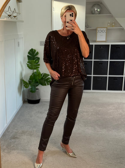 Chocolate Sequin Relaxed Fit Top