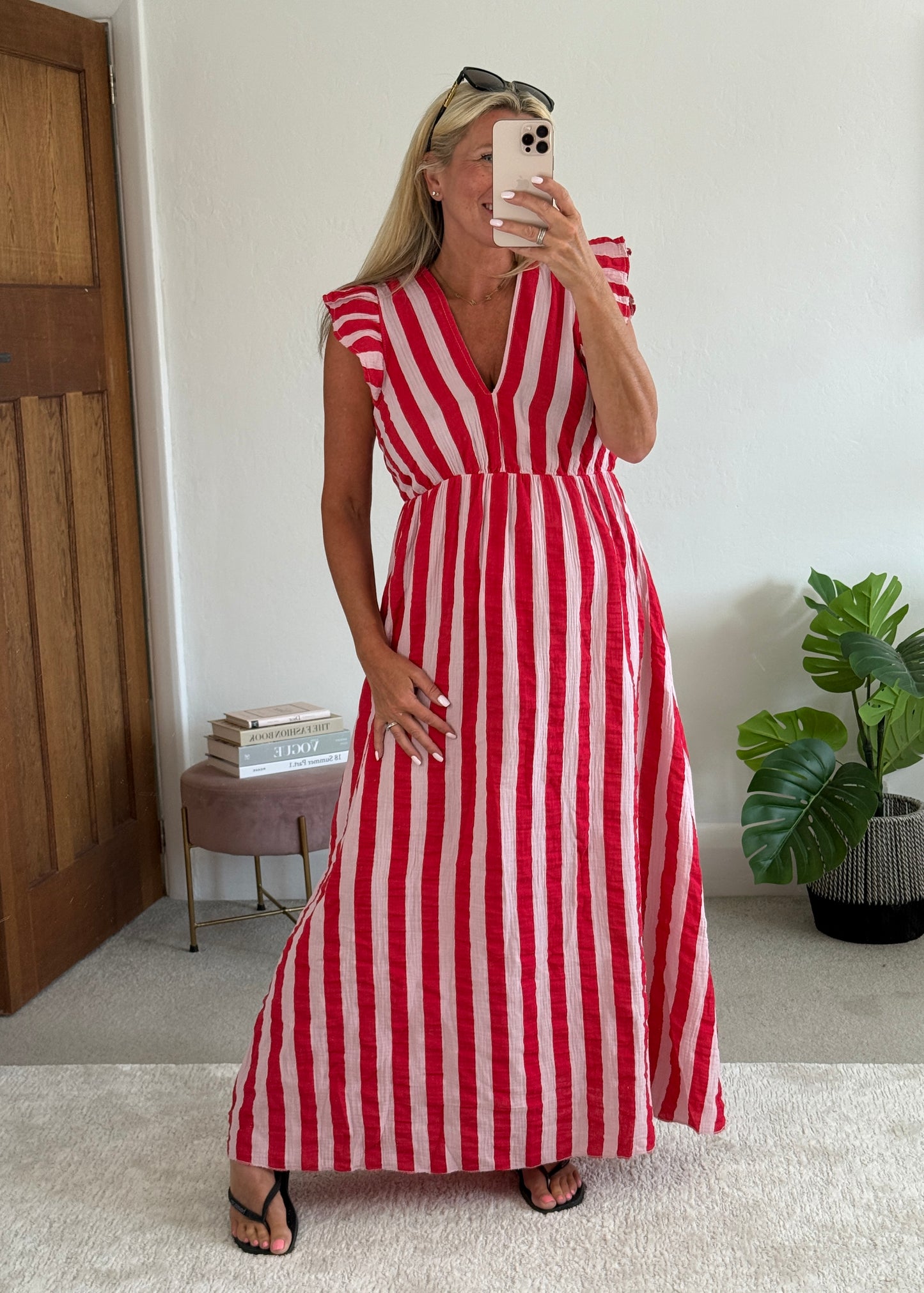 Pink/Red Stripe Cheesecloth Frill Sleeve Maxi Dress