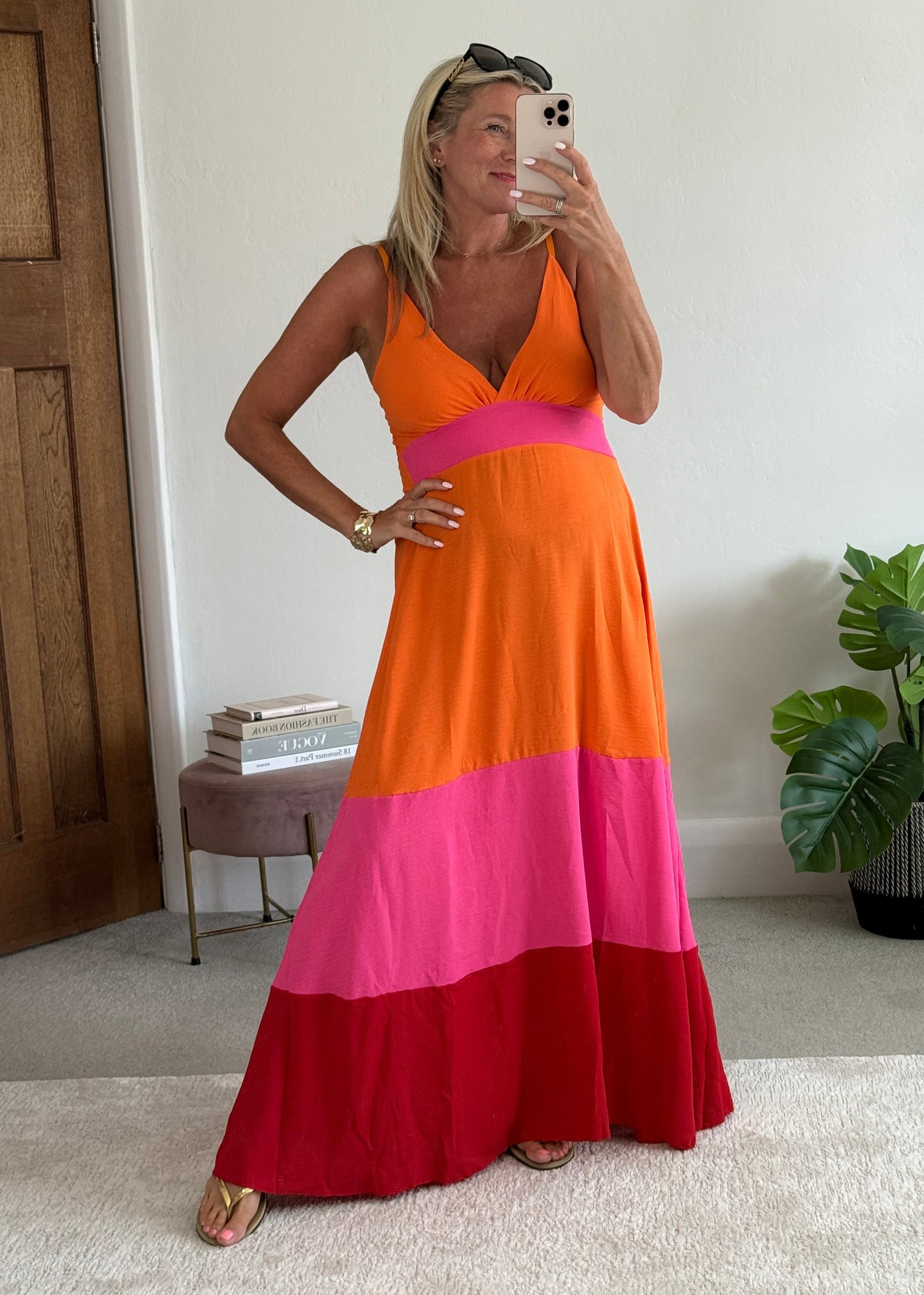 Orange/Pink/Red Colour Block Maxi Dress