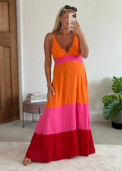 Orange/Pink/Red Colour Block Maxi Dress
