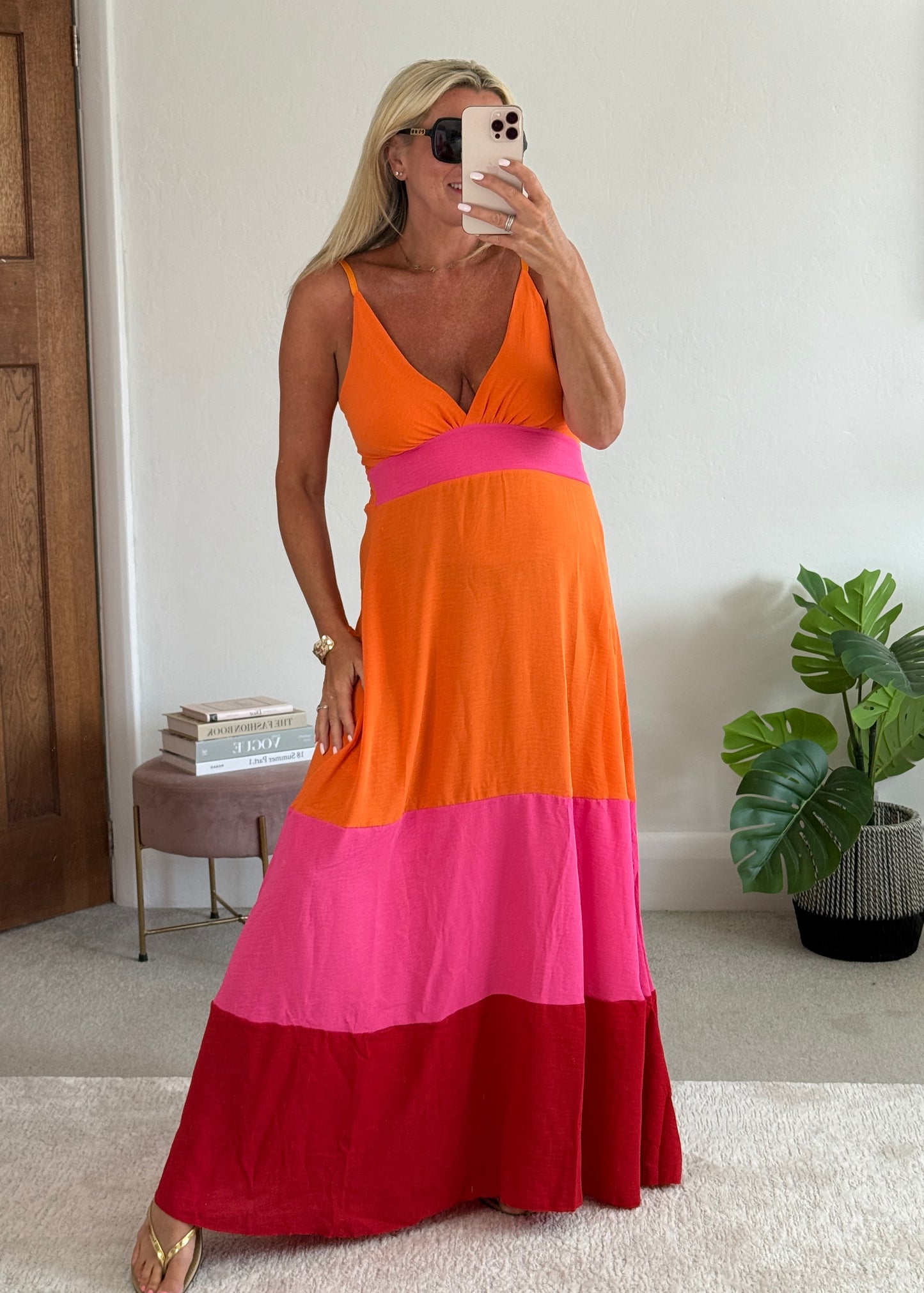 Orange/Pink/Red Colour Block Maxi Dress
