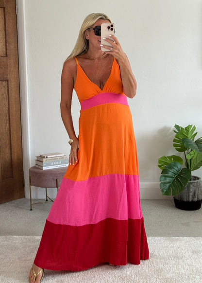 Orange/Pink/Red Colour Block Maxi Dress