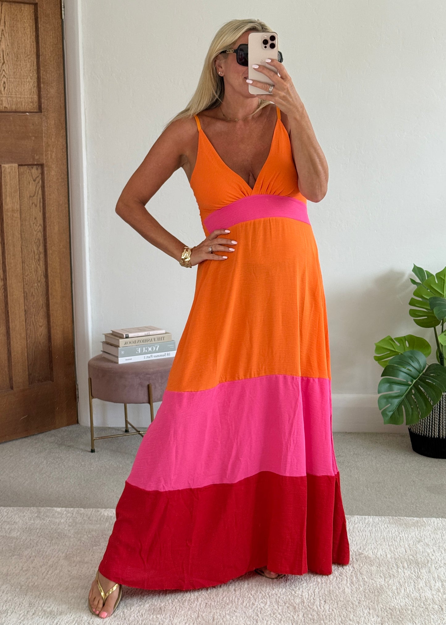 Orange/Pink/Red Colour Block Maxi Dress