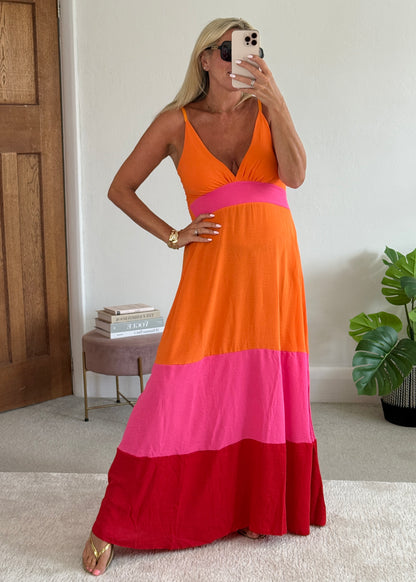 Orange/Pink/Red Colour Block Maxi Dress