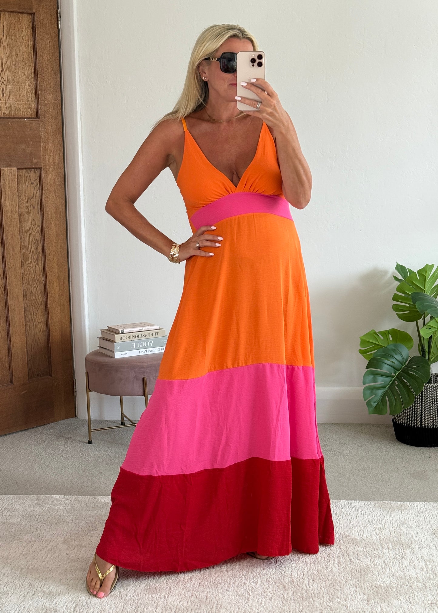 Orange/Pink/Red Colour Block Maxi Dress