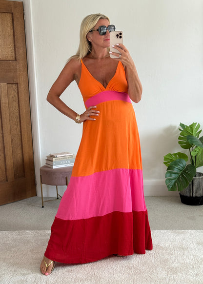 Orange/Pink/Red Colour Block Maxi Dress