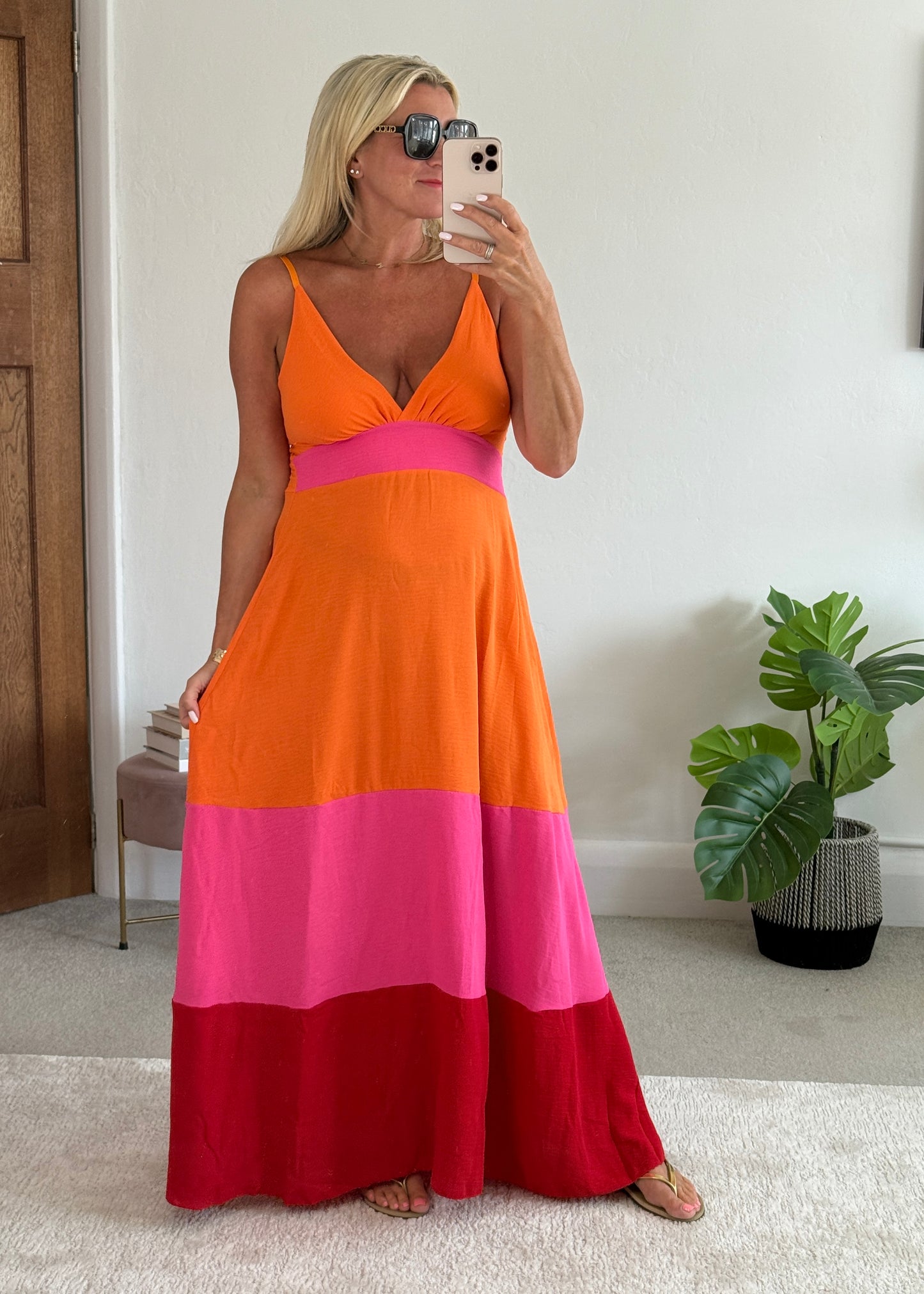 Orange/Pink/Red Colour Block Maxi Dress