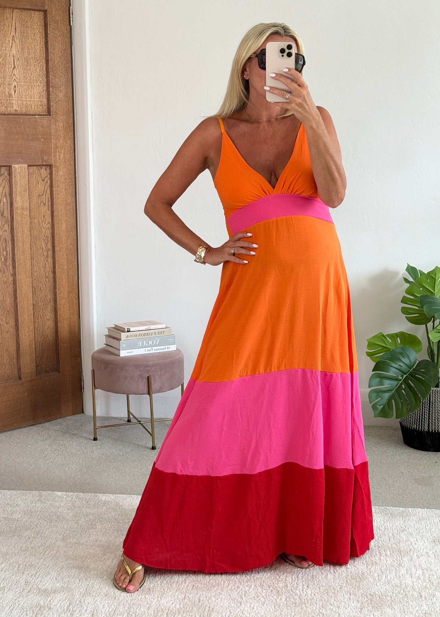 Orange/Pink/Red Colour Block Maxi Dress