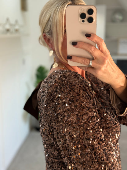 Chestnut Sequin Satin Bow Back Top