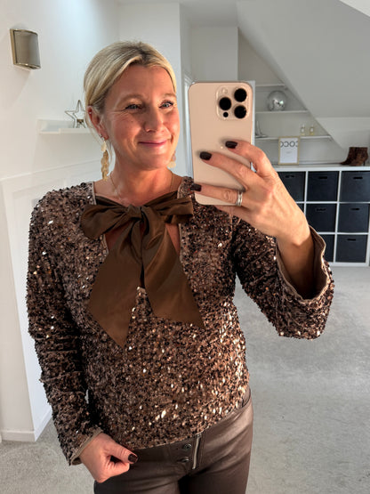 Chestnut Sequin Satin Bow Back Top