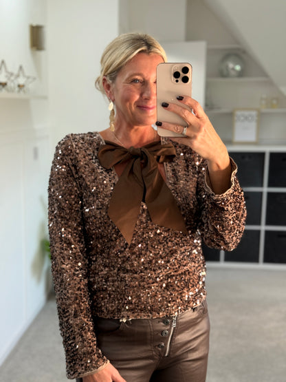 Chestnut Sequin Satin Bow Back Top