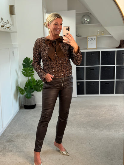 Chestnut Sequin Satin Bow Back Top