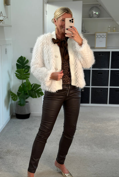 Chestnut Sequin Satin Bow Back Top