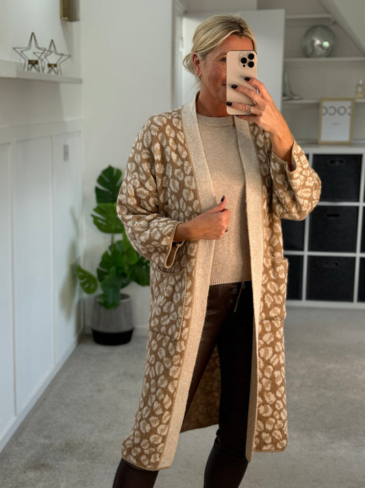Tan/Camel Leopard Long Cardigan