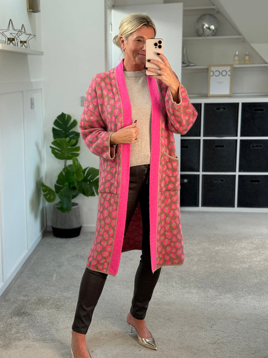 Neon Pink Leopard Long Cardigan