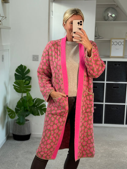 Neon Pink Leopard Long Cardigan