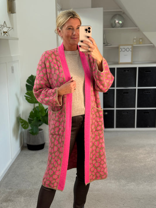 Neon Pink Leopard Long Cardigan