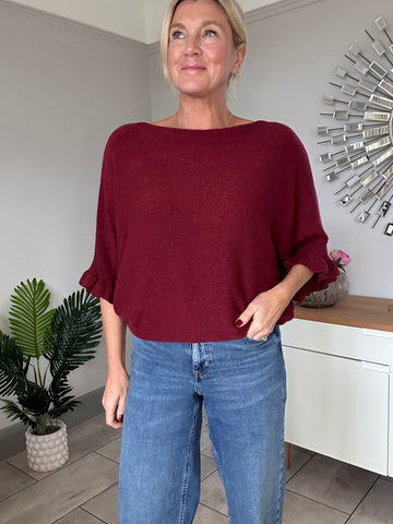 Burgundy Frill Sleeve Batwing Jumper