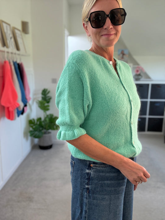 Aqua Green Fluffy 1/2 Frill Sleeve Cardigan
