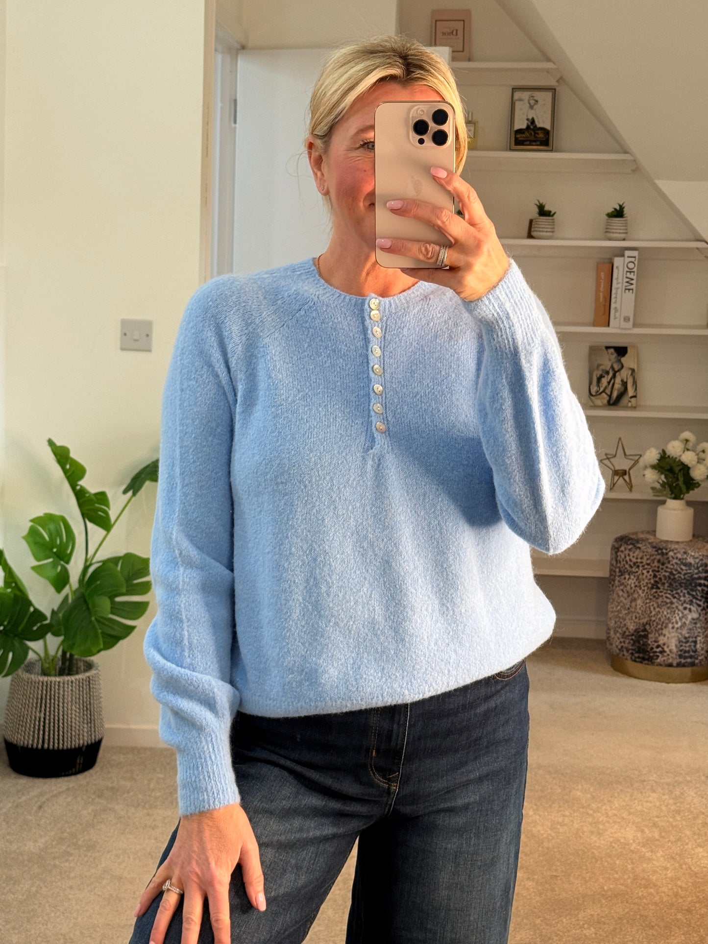 Powder Blue Alpaca Mix Button Jumper