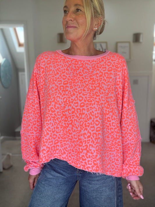 Neon Orange Leopard Oversized Sweatshirt