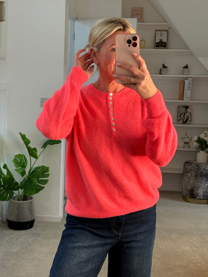 Neon Coral Alpaca Mix Button Jumper
