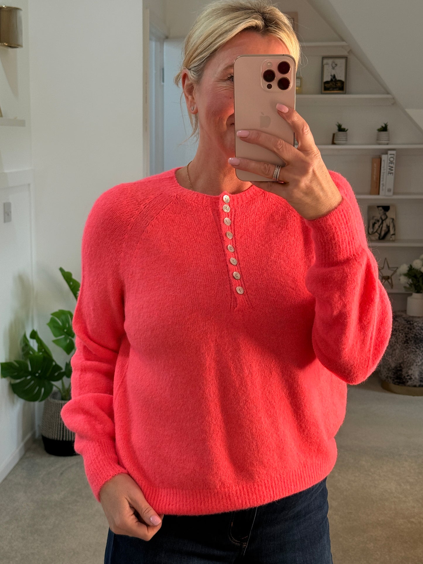 Neon Coral Alpaca Mix Button Jumper