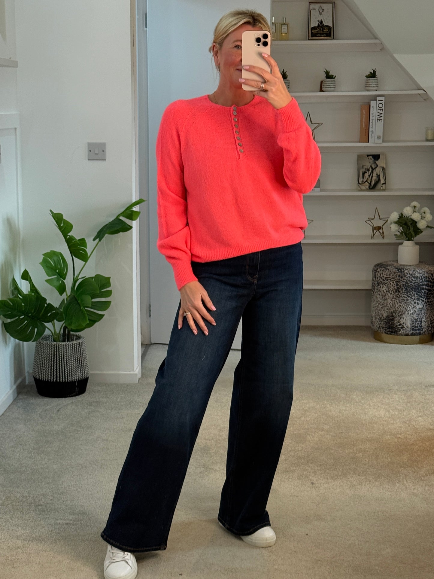 Neon Coral Alpaca Mix Button Jumper