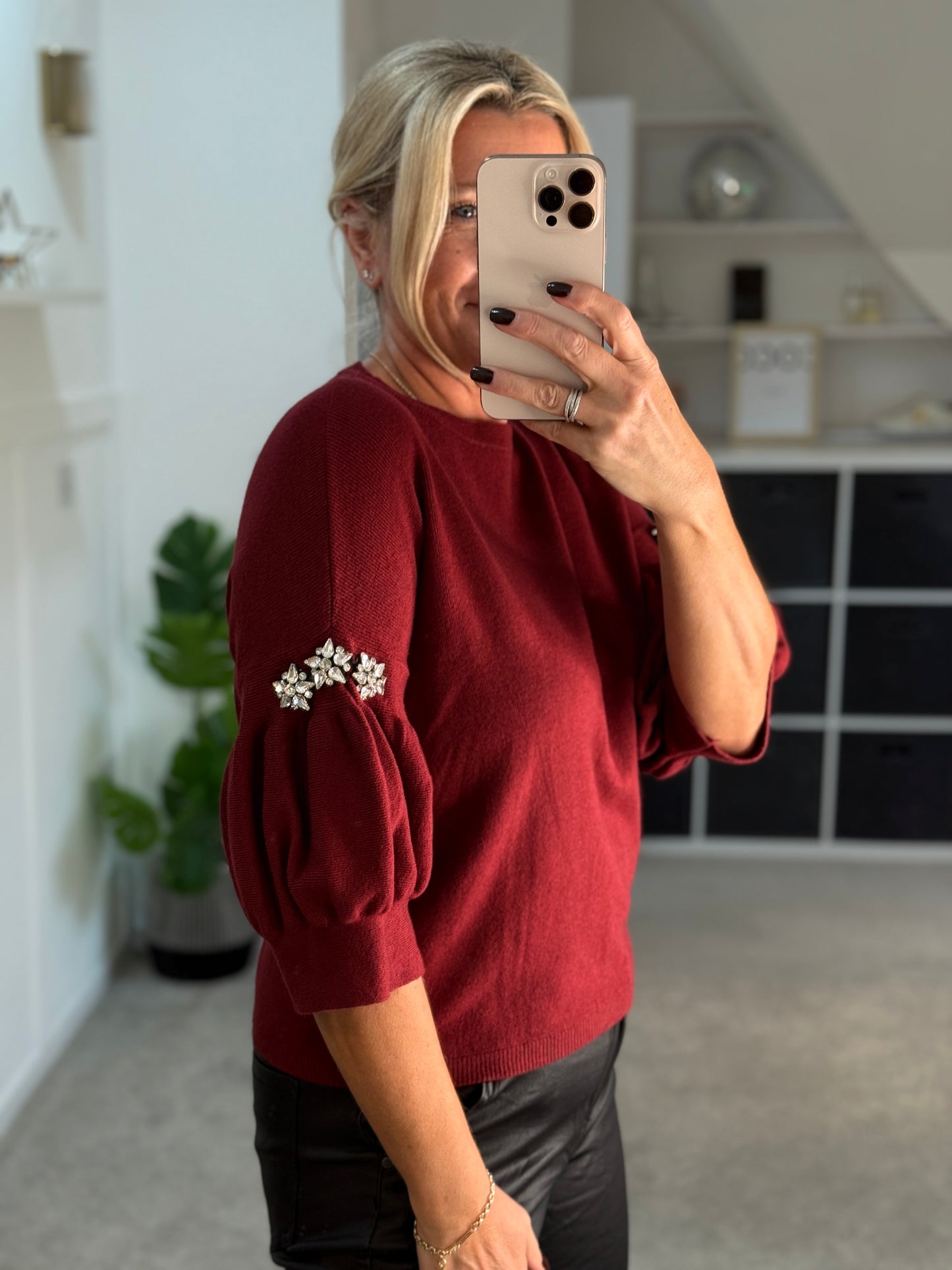 Burgundy Diamanté Sleeve Jumper