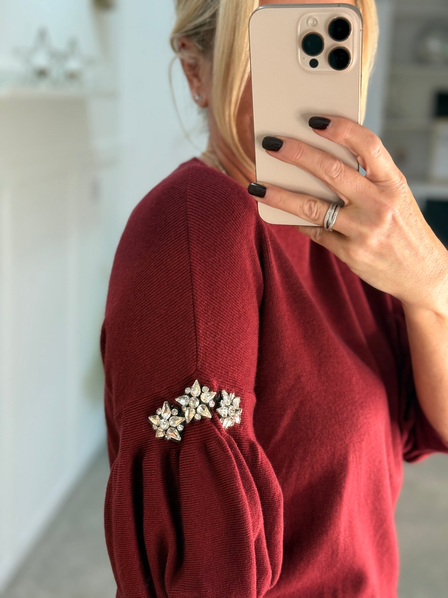 Burgundy Diamanté Sleeve Jumper
