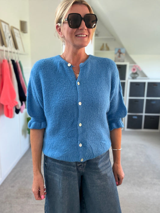 Cornflower Blue Fluffy 1/2 Frill Sleeve Cardigan