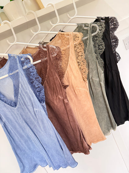 Khaki Satin/Lace V Neck Top