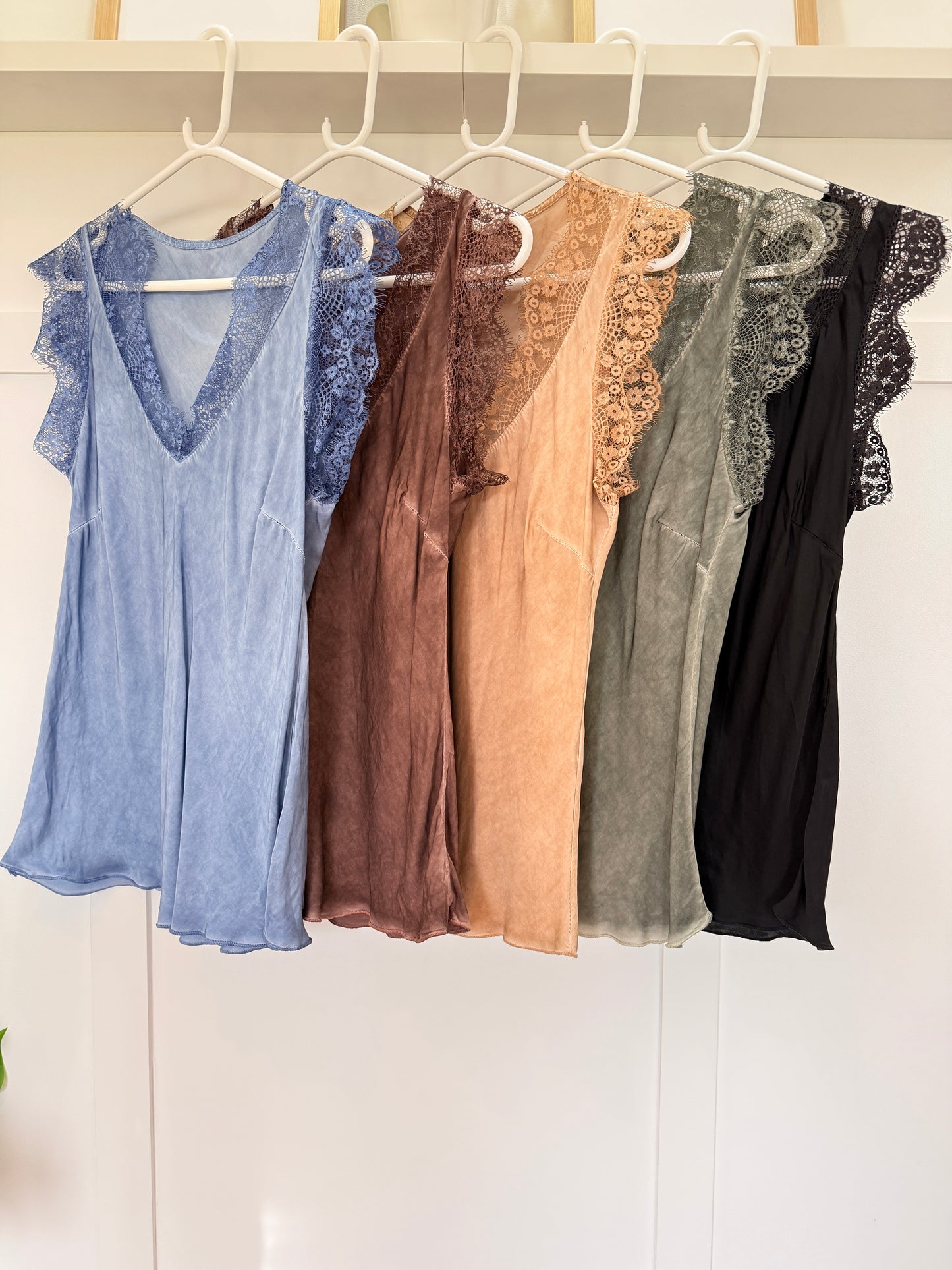 Khaki Satin/Lace V Neck Top