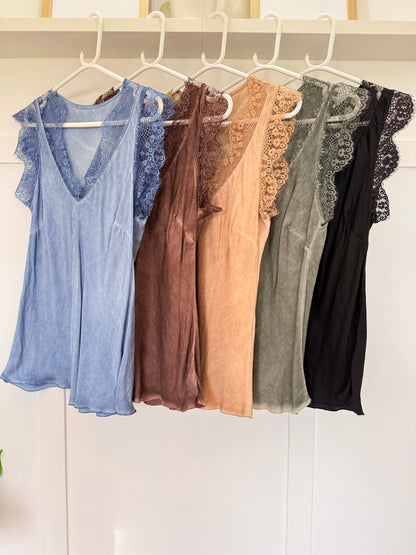 Khaki Satin/Lace V Neck Top