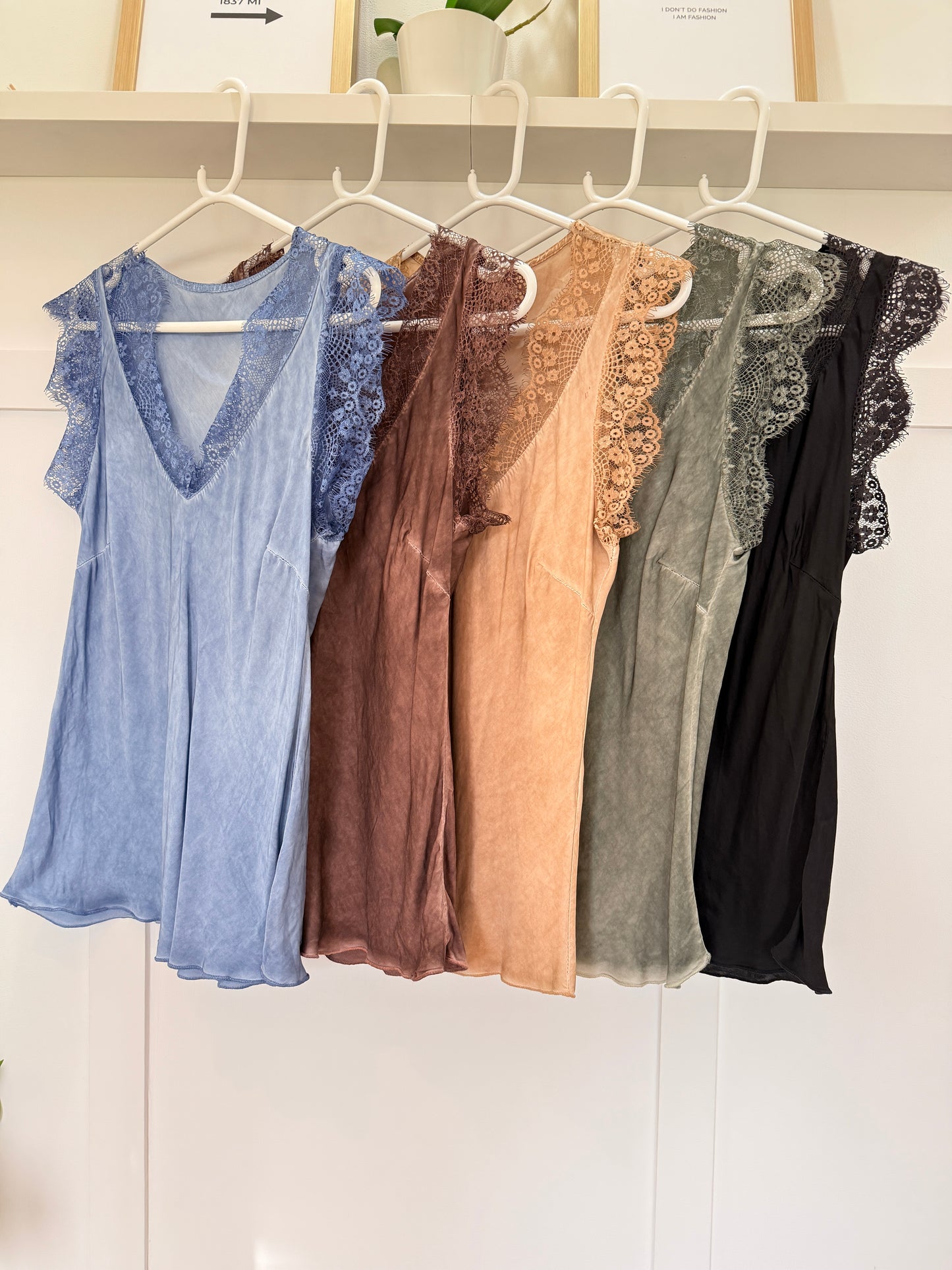 Khaki Satin/Lace V Neck Top