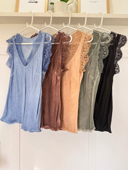 Khaki Satin/Lace V Neck Top
