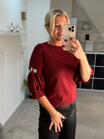Burgundy Diamanté Sleeve Jumper